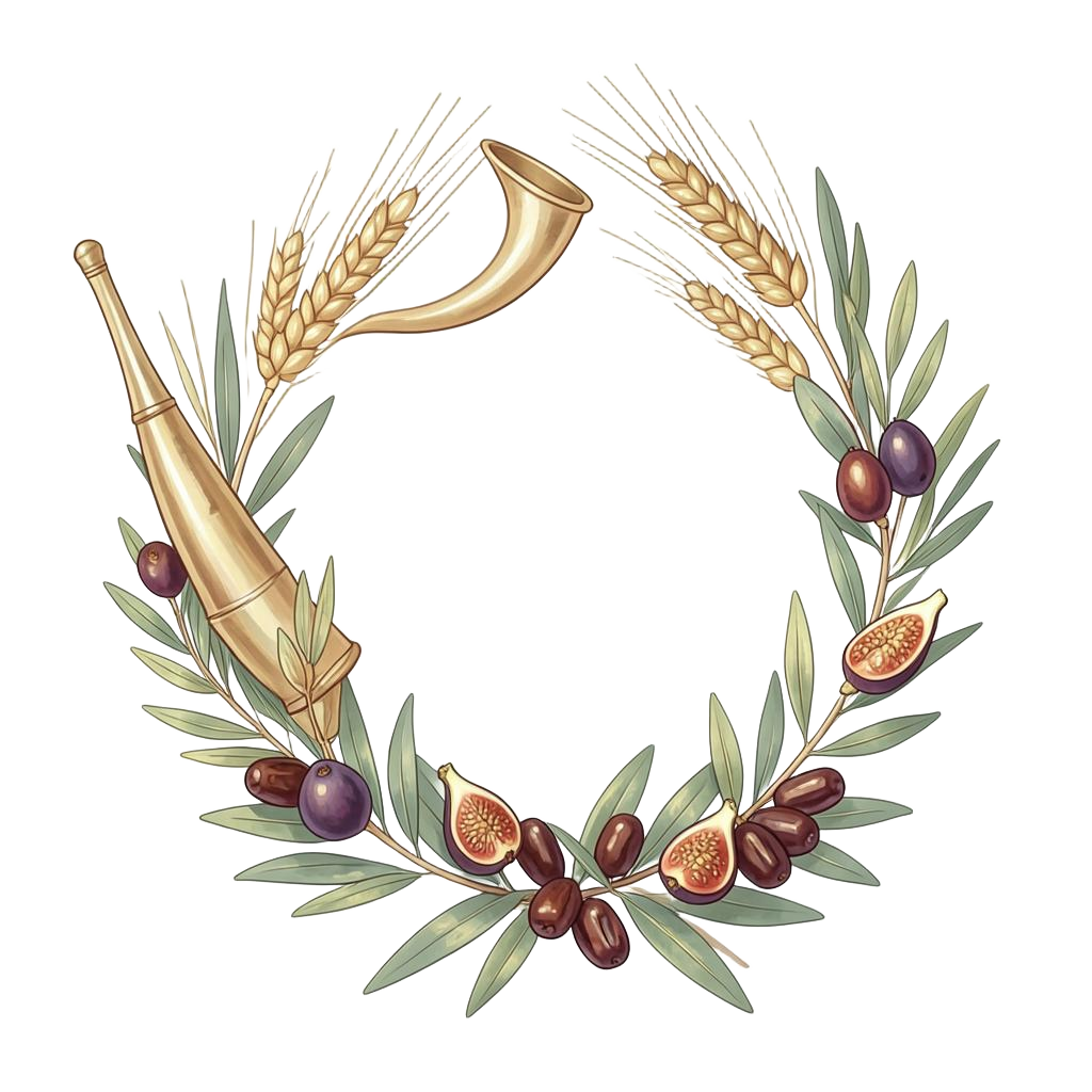 Couronne de blé, figues, olives et shofar illustrée