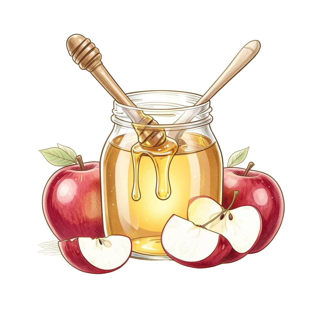 Pot de miel doré, cuillère et pommes rouges illustrés